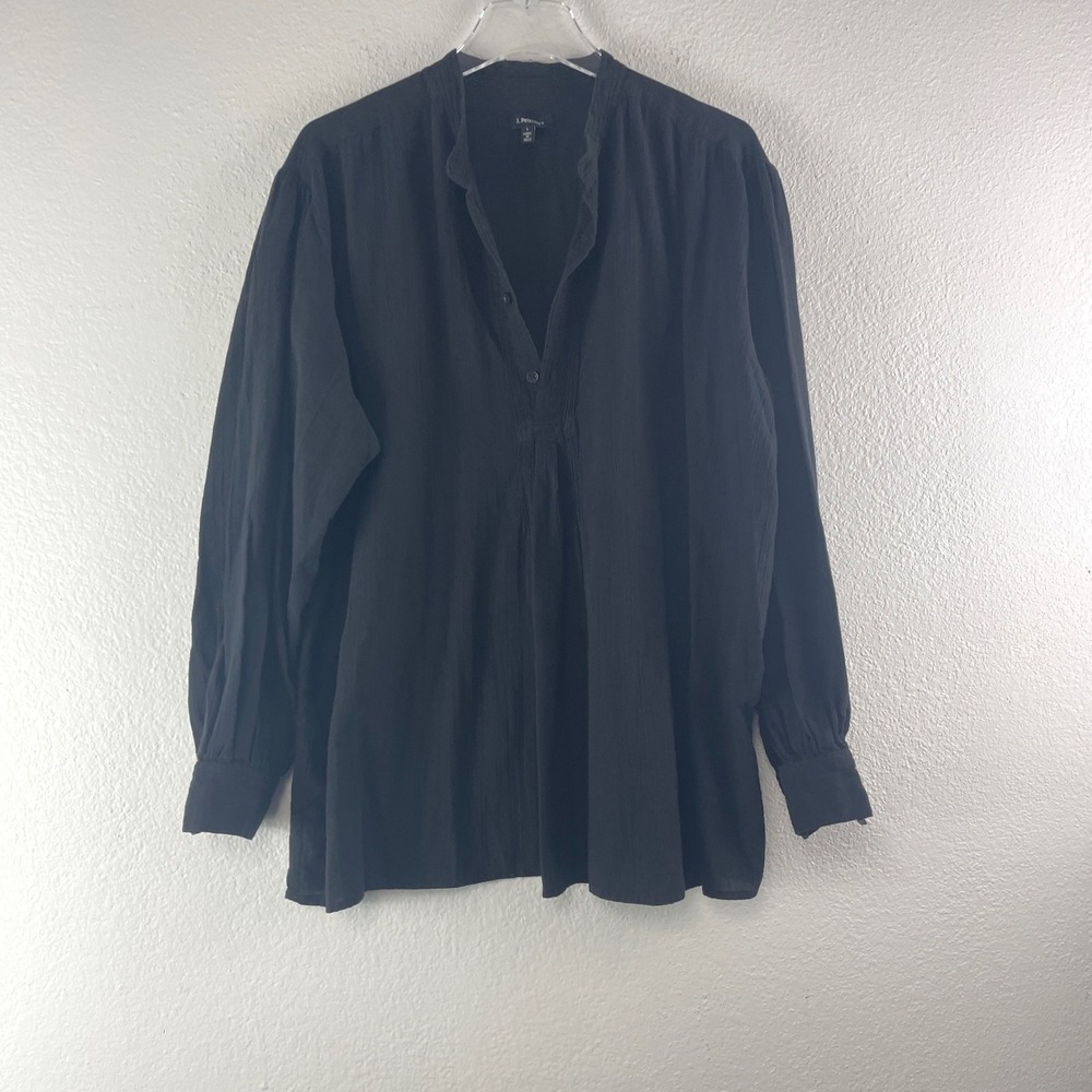 J. Peterman Black Cotton Gauze Pintuck Tunic Blouse Size L Boho Coastal Minimal